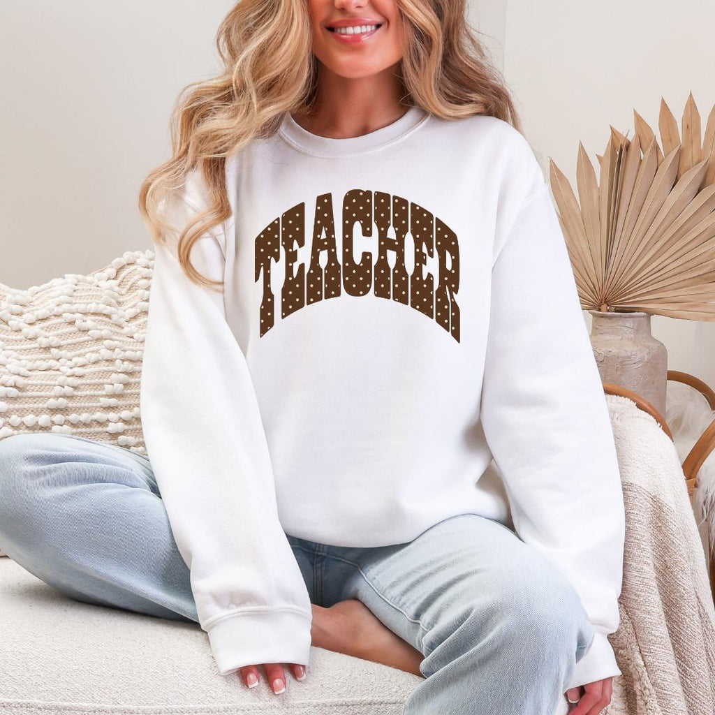 TEACHER Polka Dot Varsity Gildan Crewneck Sweatshirt