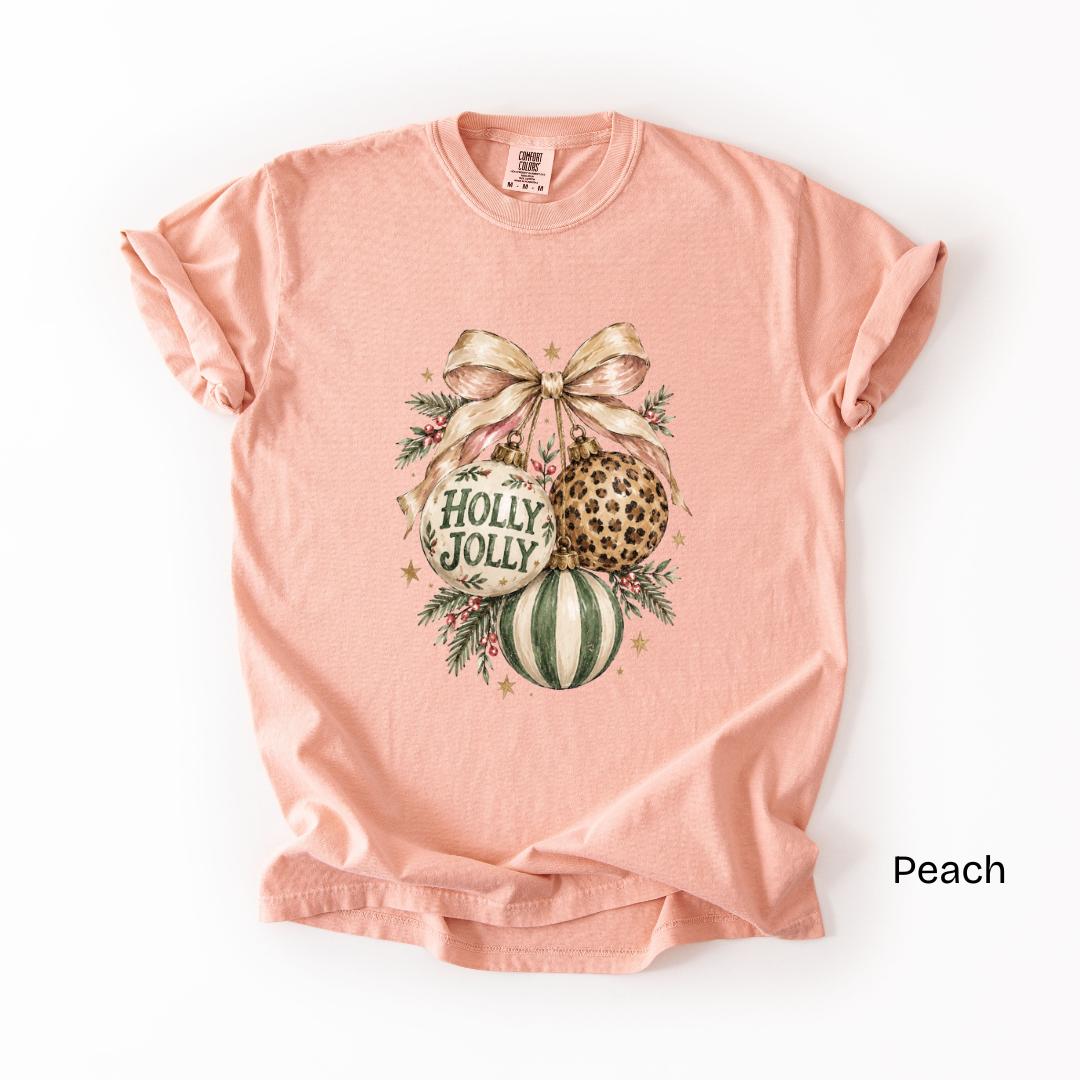 Holly Jolly Leopard Ornaments Bow Comfort Colors T-Shirt in Peach